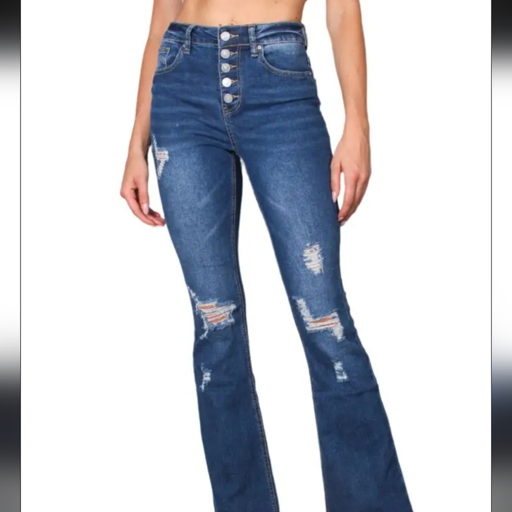 YMI Blue High Rise Button Fly Flare Distressed Blue Jeans Size 9
